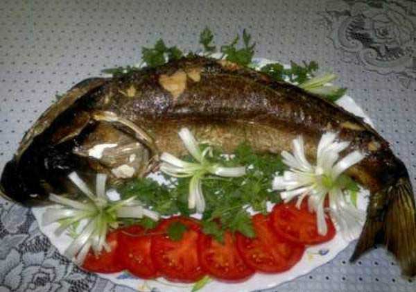 تزئین ظرف ماهی با گوجه فرنگی، پیازچه و گشنیز