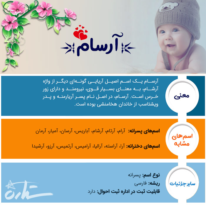 معنی اسم آرسام چیست؟ (ریشه، فراوانی و نامهای مشابه آرسام) معنی اسم آرسام چیست؟ (ریشه، فراوانی و نامهای مشابه آرسام)
