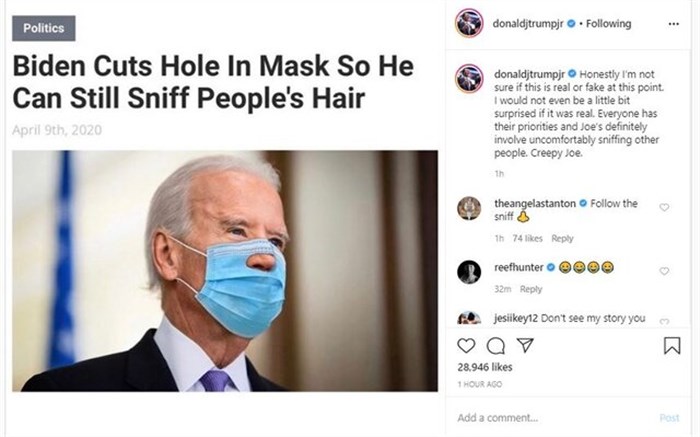 پسر ترامپ، نحوه ماسک زدن جو بایدن را مسخره کرد